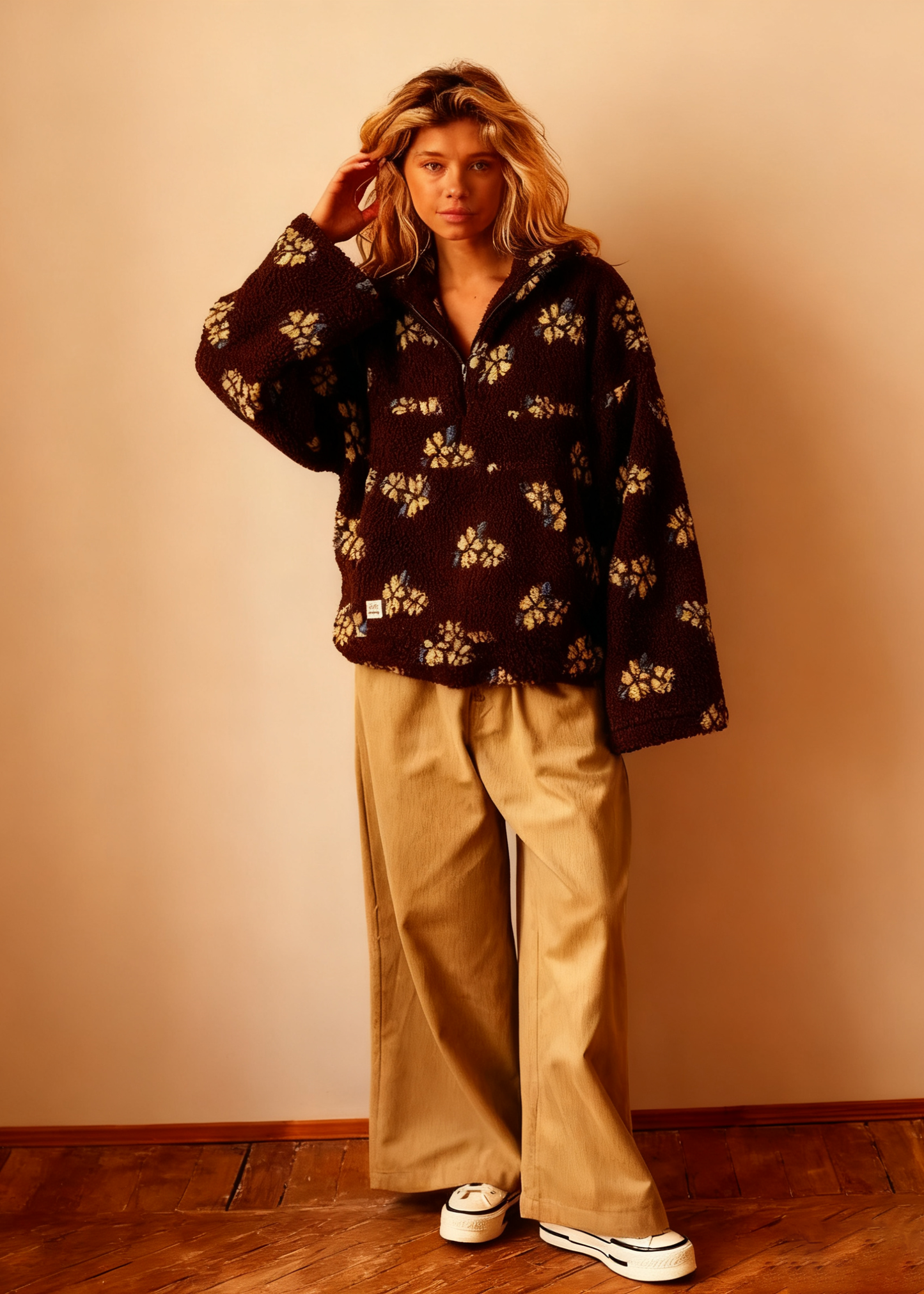 Vintage Floral Fleece Jacket – Cozy High-Neck Retro Loose Fit Women’s Outerwear