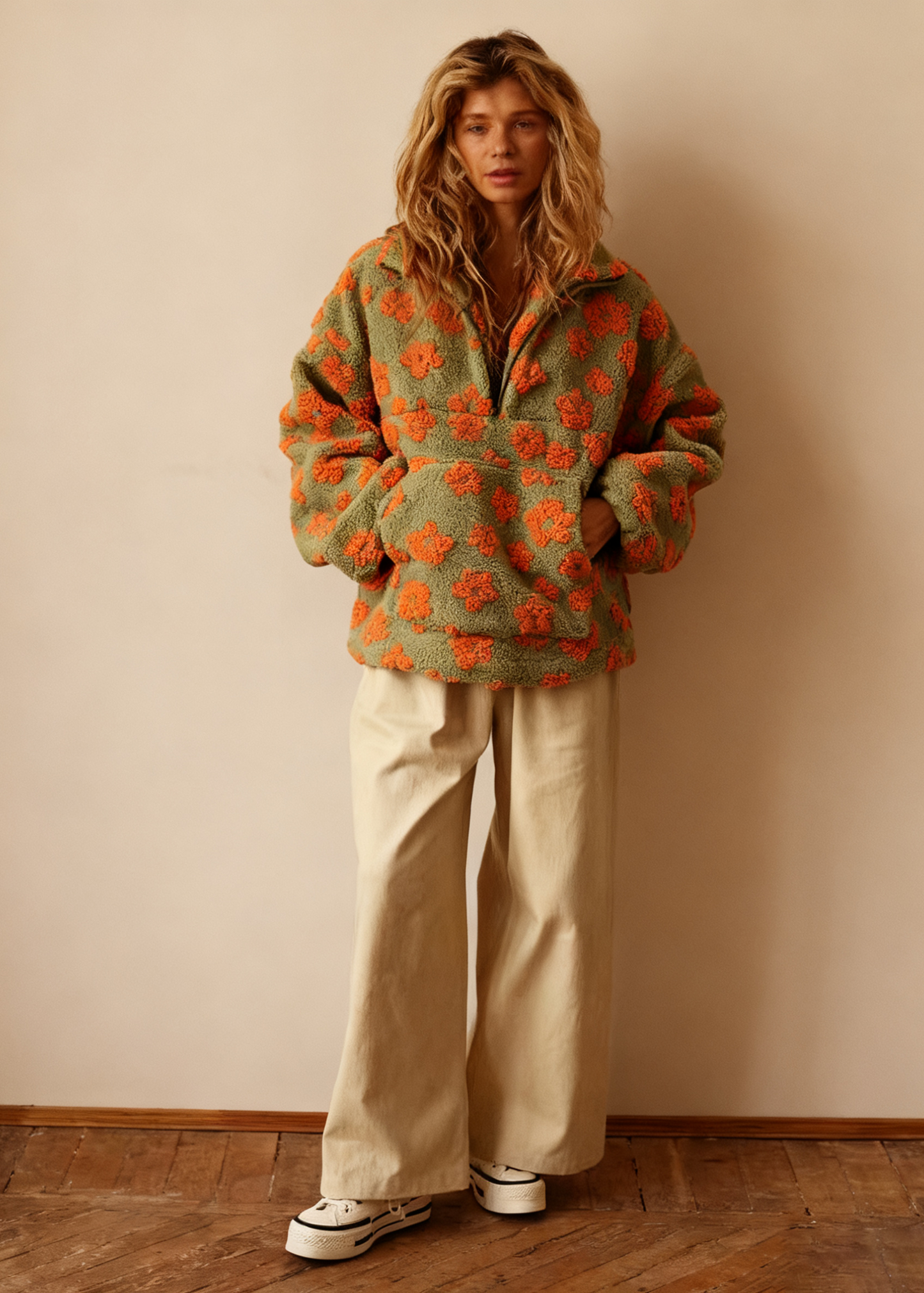 Vintage Floral Fleece Jacket – Cozy High-Neck Retro Loose Fit Women’s Outerwear