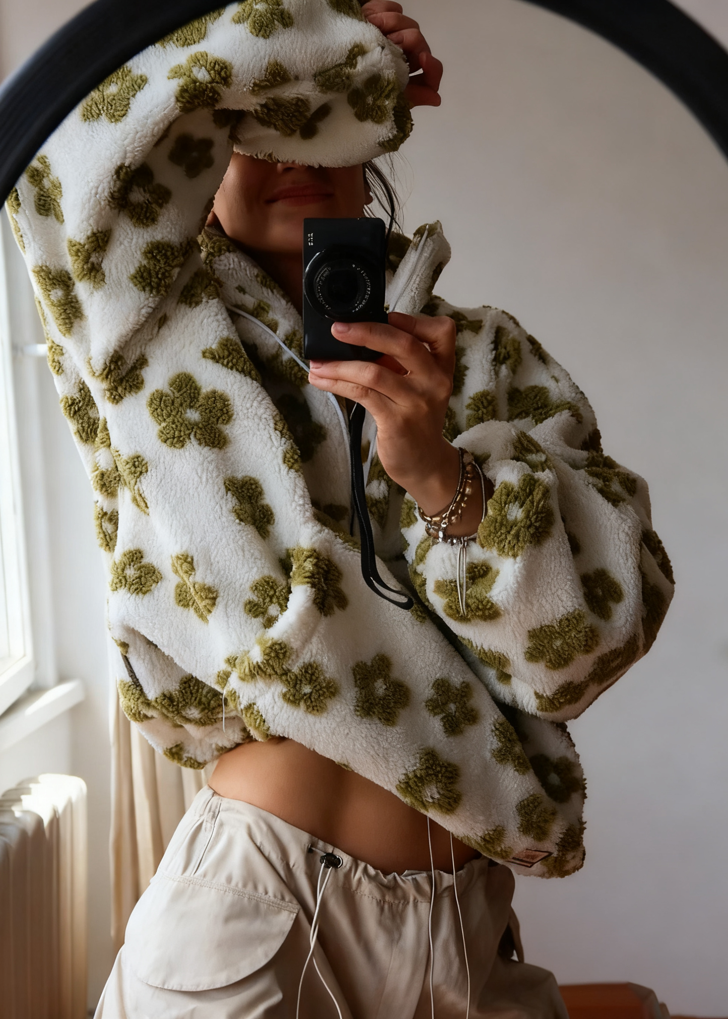 Vintage Floral Fleece Jacket – Cozy High-Neck Retro Loose Fit Women’s Outerwear