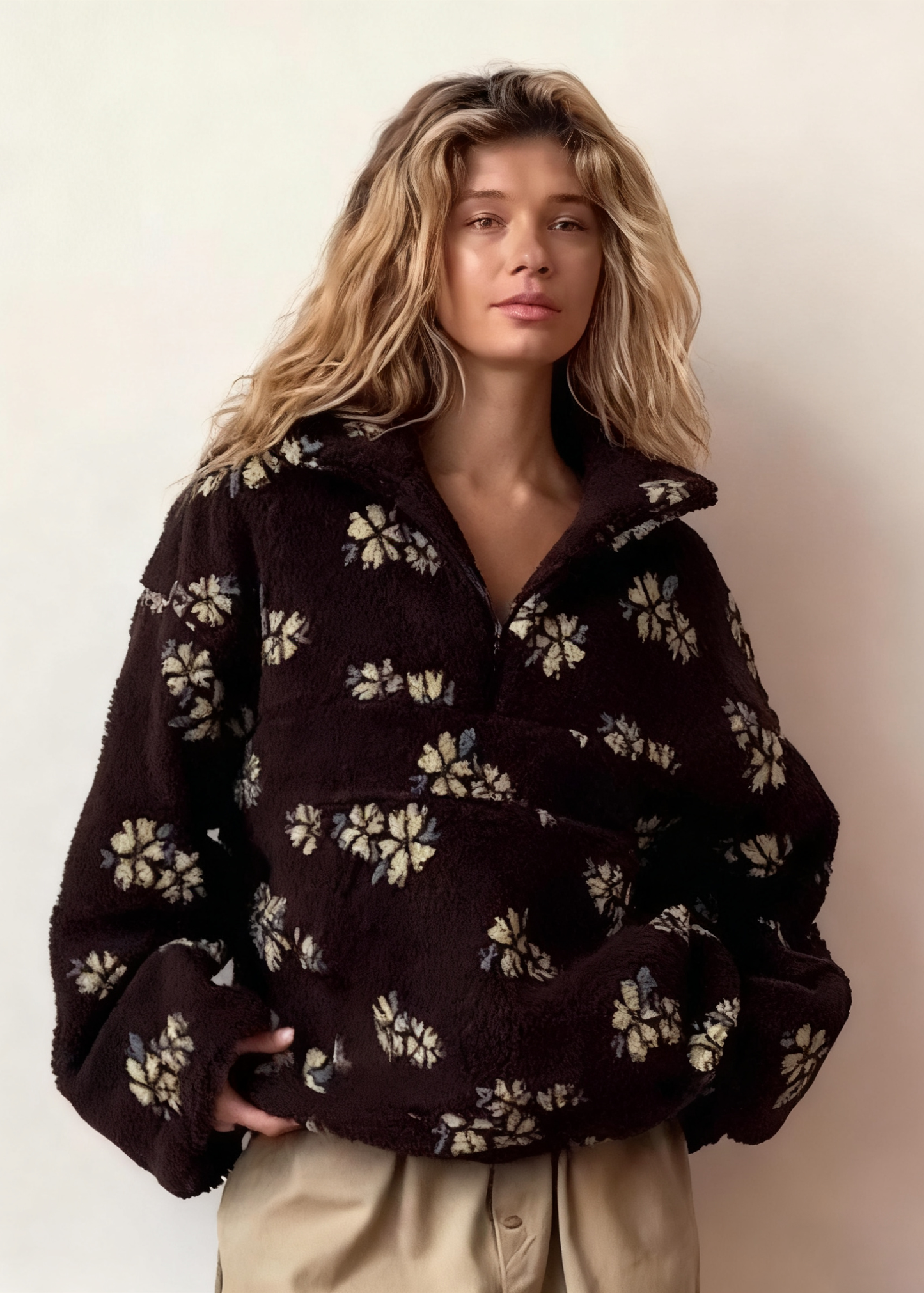 Vintage Floral Fleece Jacket – Cozy High-Neck Retro Loose Fit Women’s Outerwear