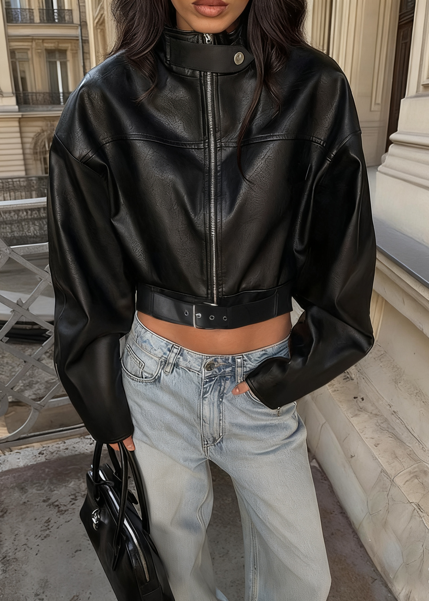 Retro Biker Style Stand Collar Leather Jacket