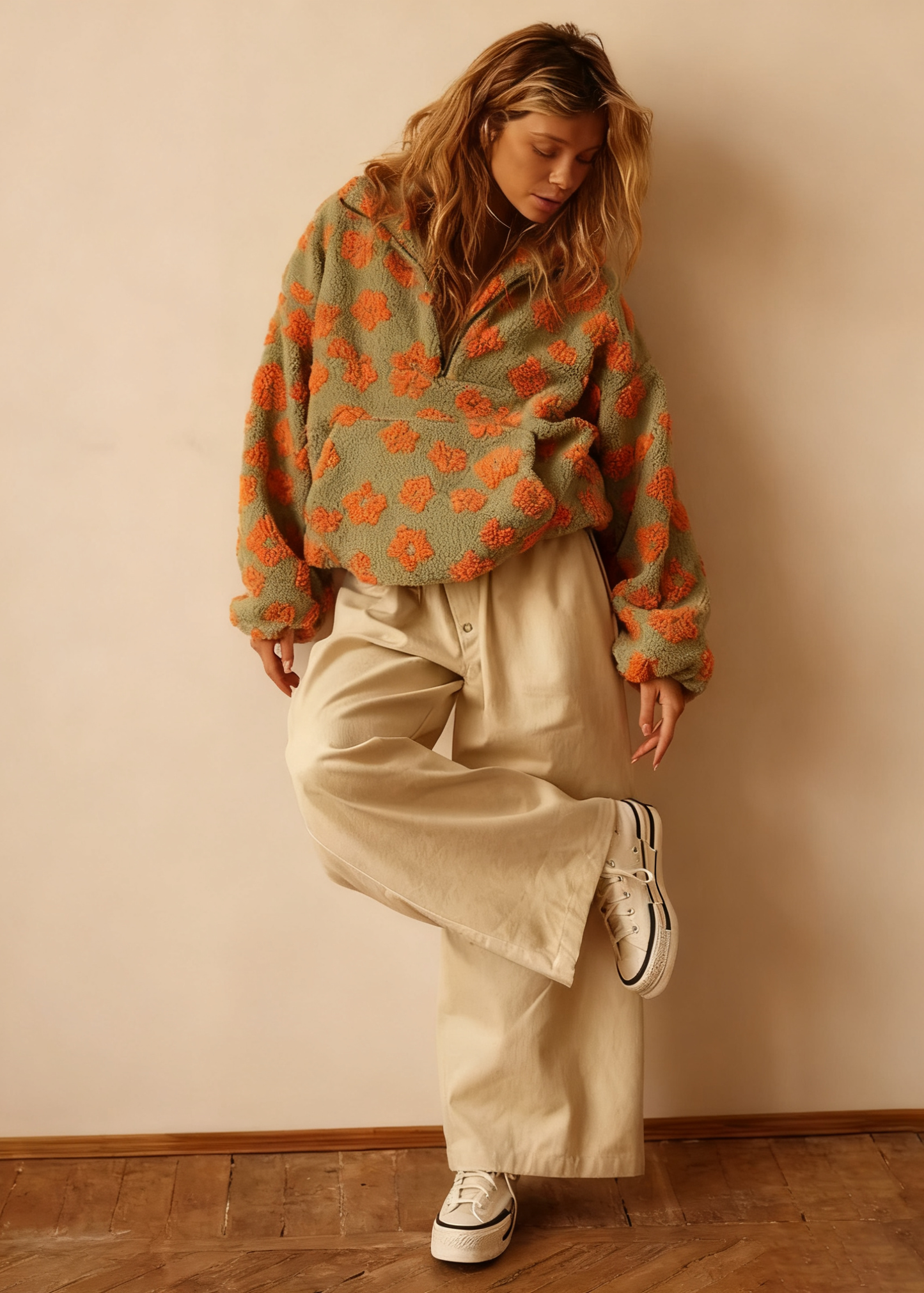 Vintage Floral Fleece Jacket – Cozy High-Neck Retro Loose Fit Women’s Outerwear