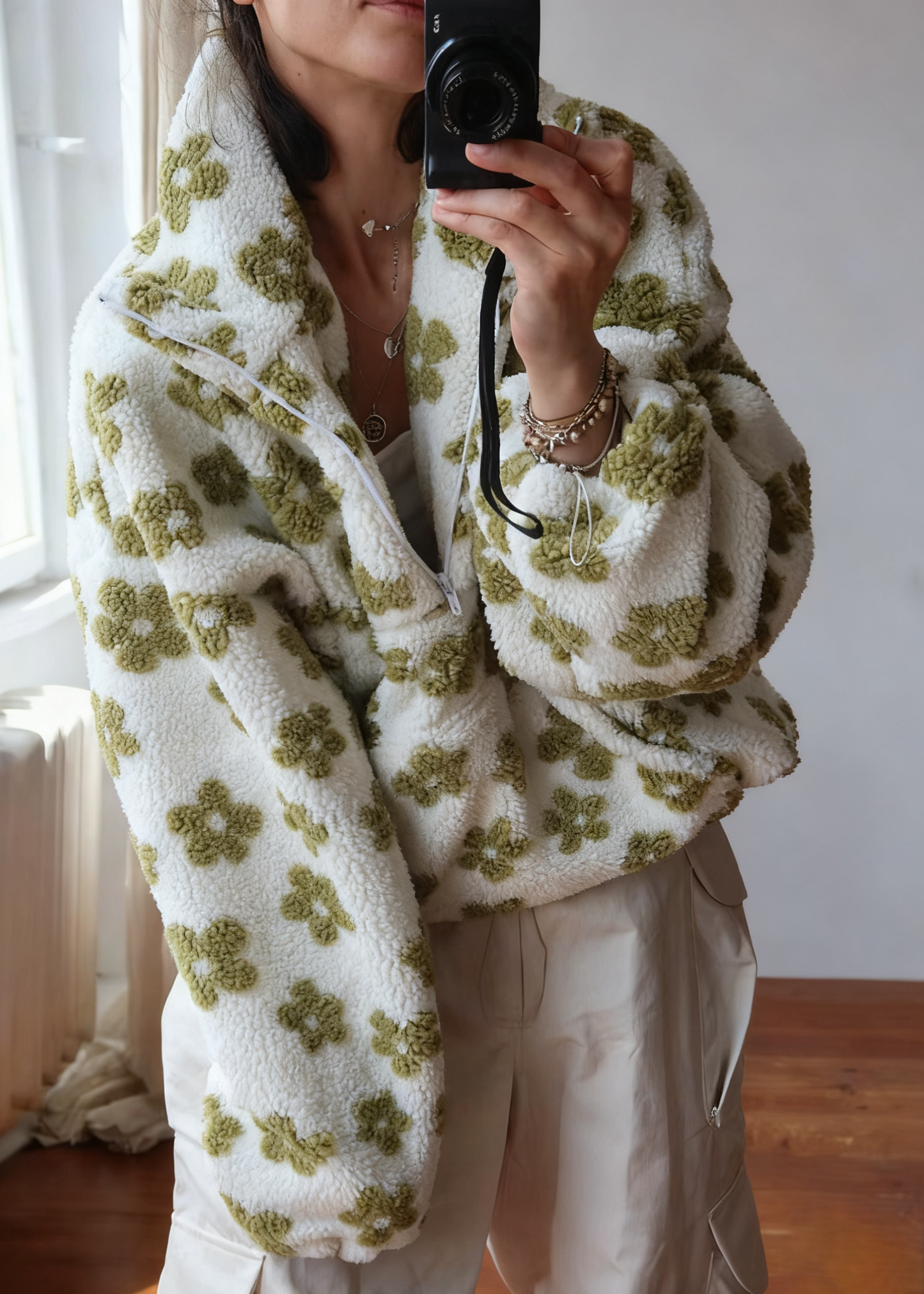 Vintage Floral Fleece Jacket – Cozy High-Neck Retro Loose Fit Women’s Outerwear