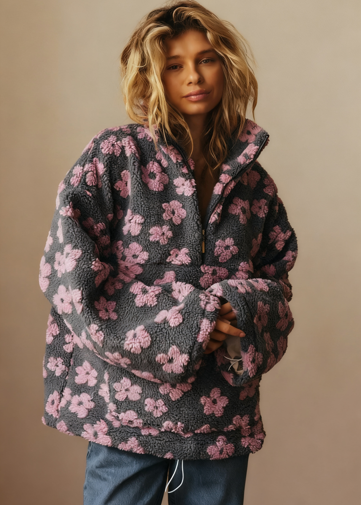 Vintage Floral Fleece Jacket – Cozy High-Neck Retro Loose Fit Women’s Outerwear