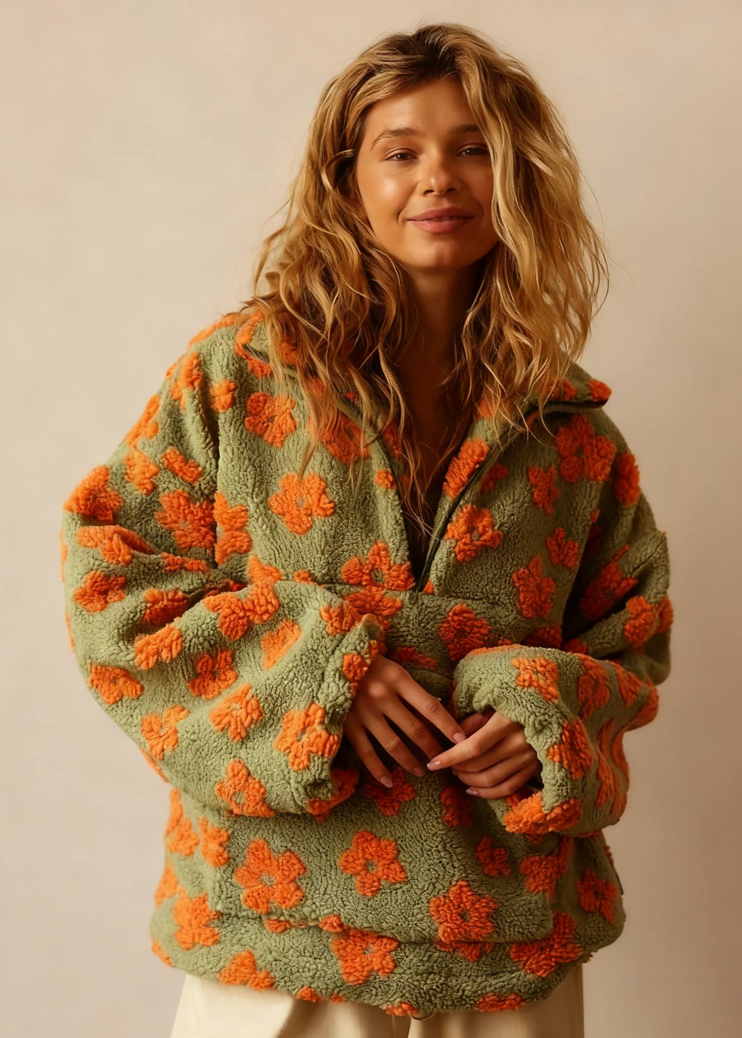Vintage Floral Fleece Jacket – Cozy High-Neck Retro Loose Fit Women’s Outerwear
