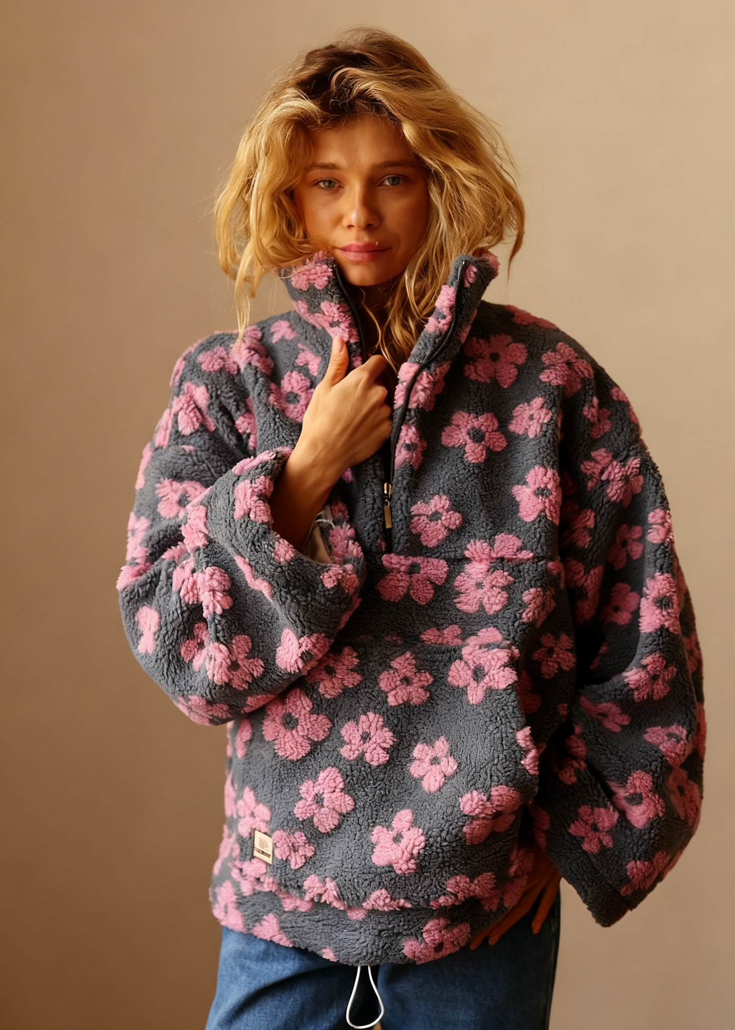 Vintage Floral Fleece Jacket – Cozy High-Neck Retro Loose Fit Women’s Outerwear