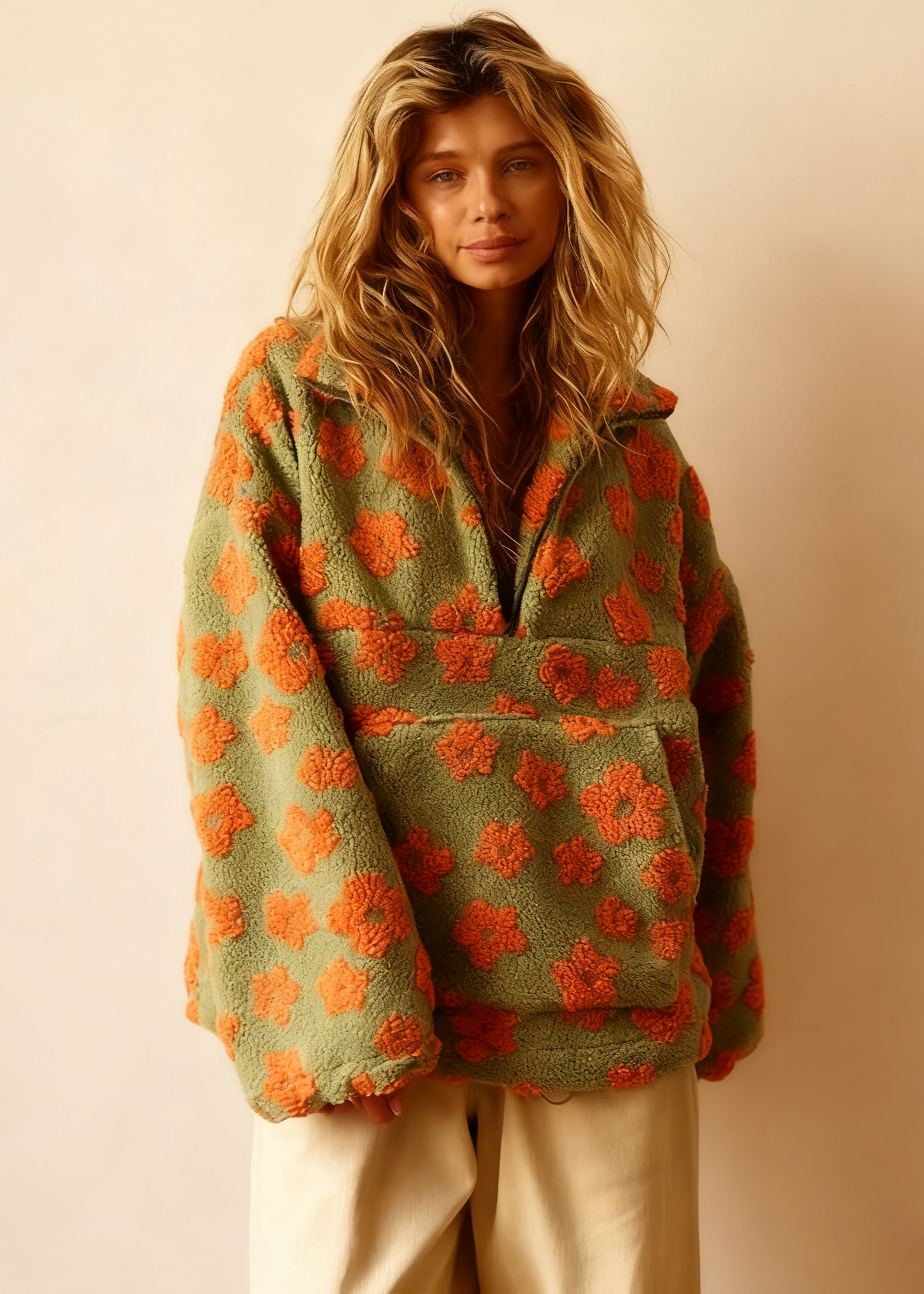Vintage Floral Fleece Jacket – Cozy High-Neck Retro Loose Fit Women’s Outerwear