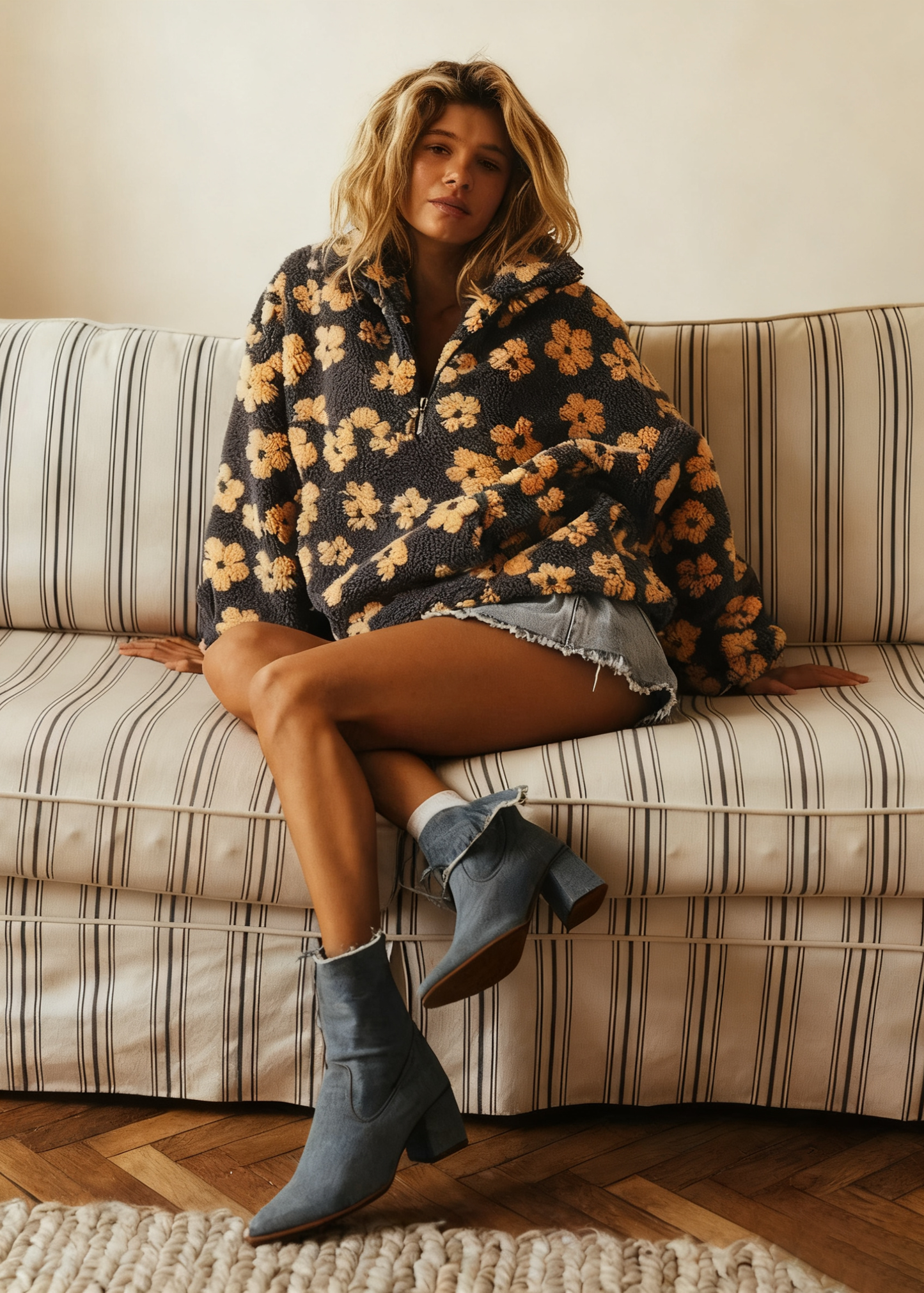 Vintage Floral Fleece Jacket – Cozy High-Neck Retro Loose Fit Women’s Outerwear