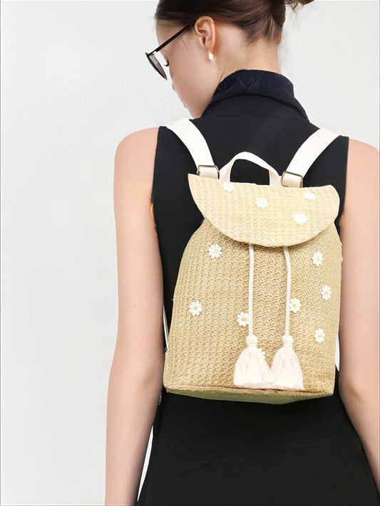 Daisy Embellished Woven Straw Backpack