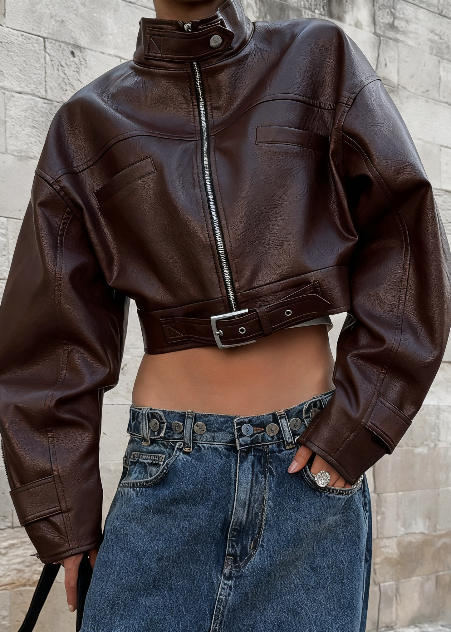 Retro Biker Style Stand Collar Leather Jacket