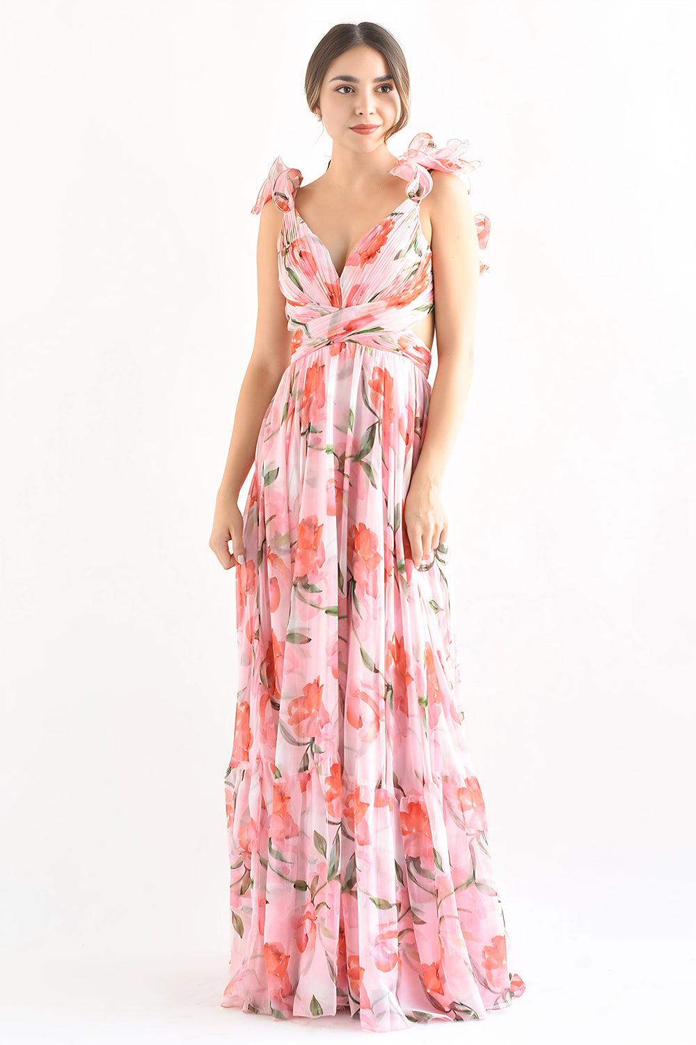 Floral Ruffle Chiffon Maxi Dress