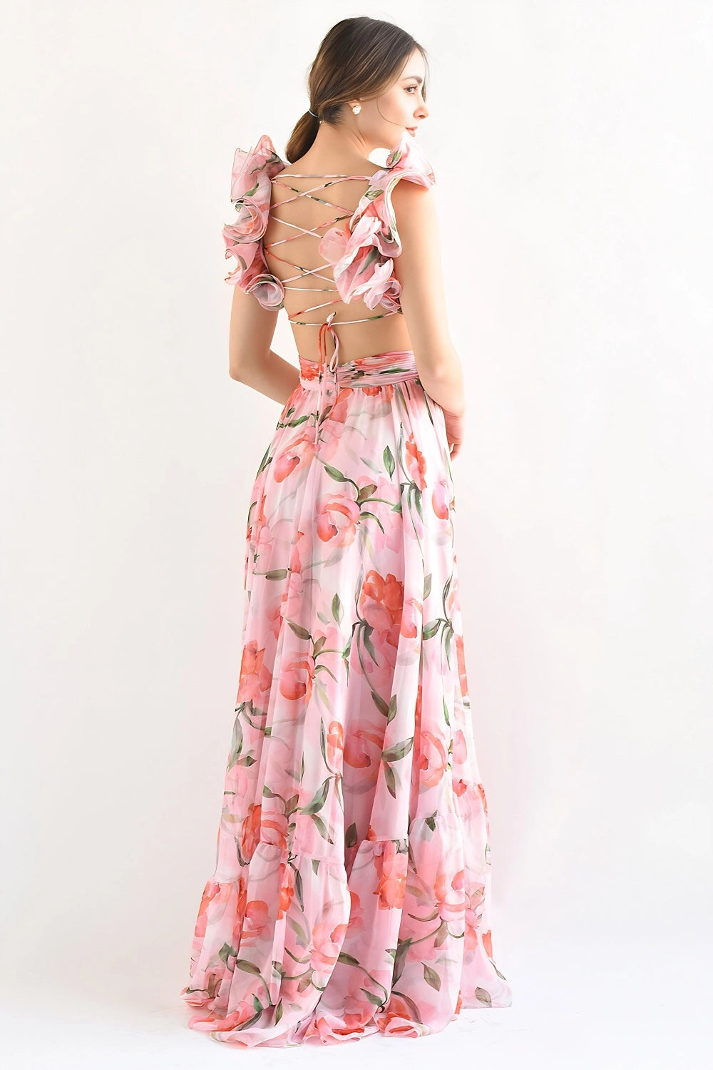 Floral Ruffle Chiffon Maxi Dress