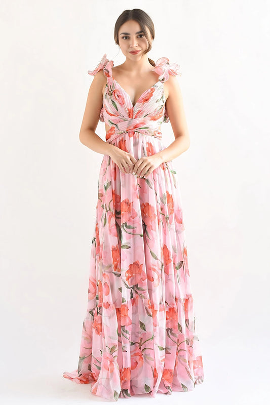 Floral Ruffle Chiffon Maxi Dress