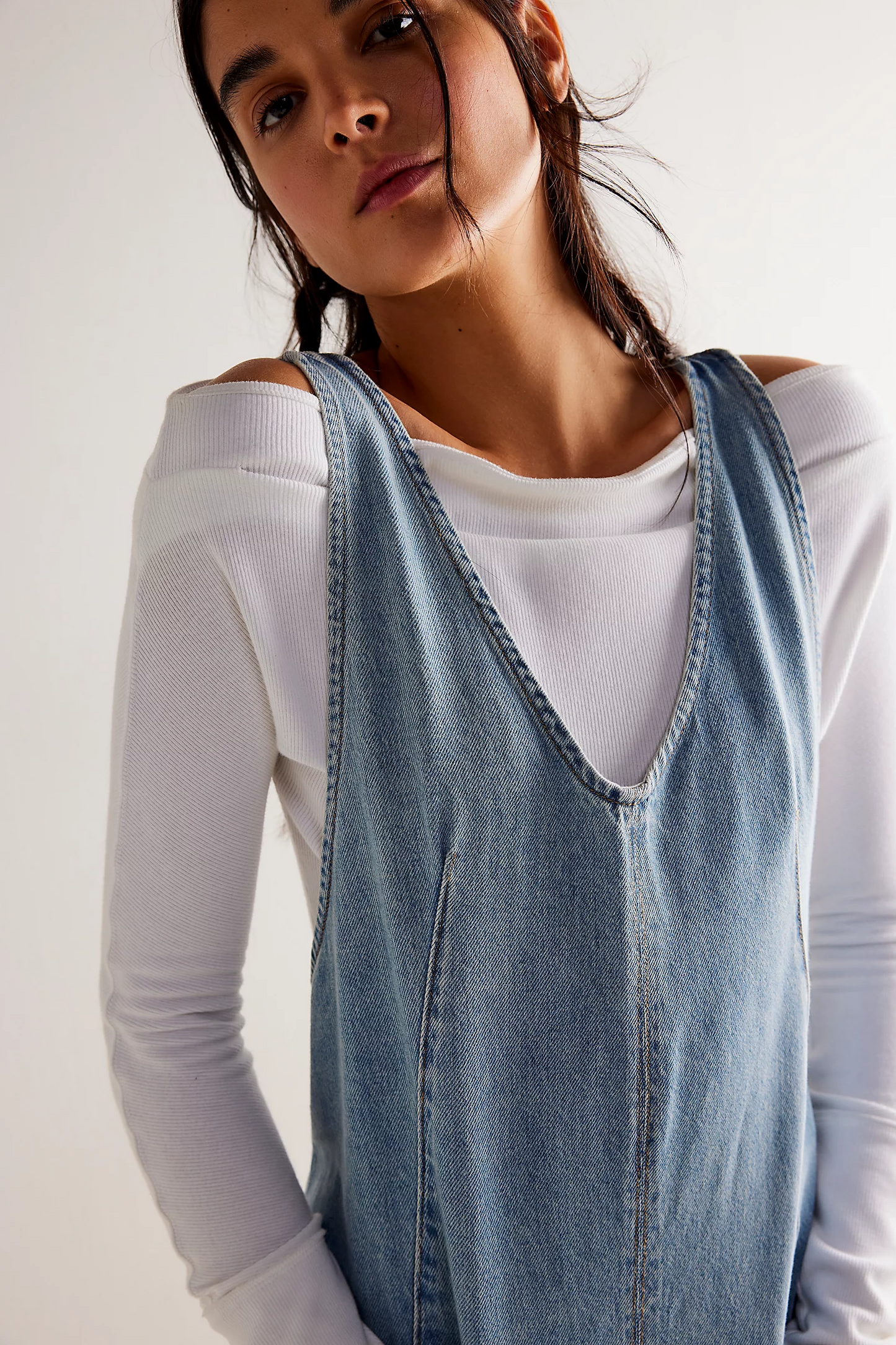 Washed Denim Romper with Adjustable Straps and Pockets