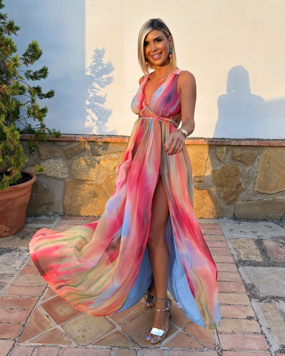 Backless Printed Tie-Up Split Maxi Dress