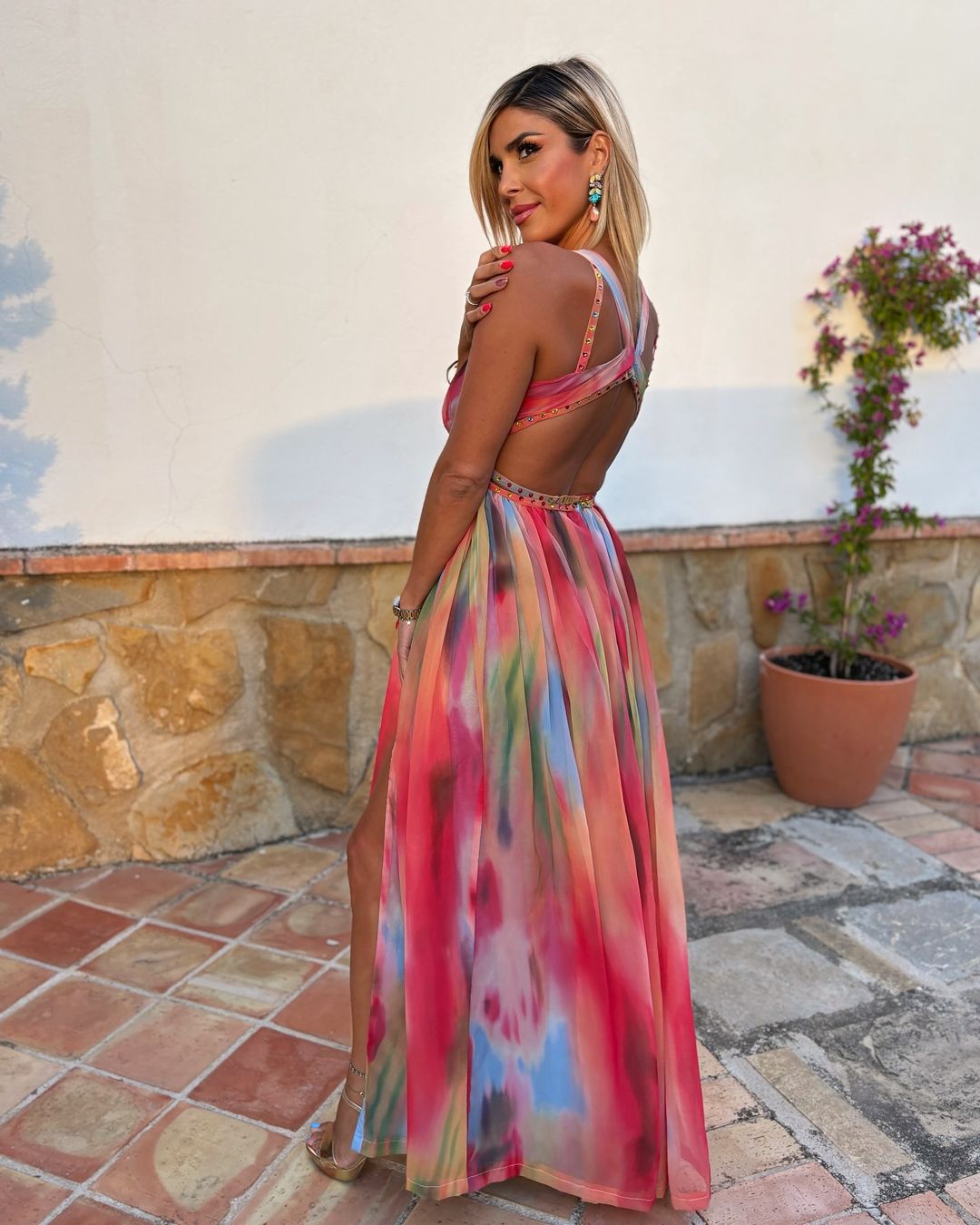 Backless Printed Tie-Up Split Maxi Dress