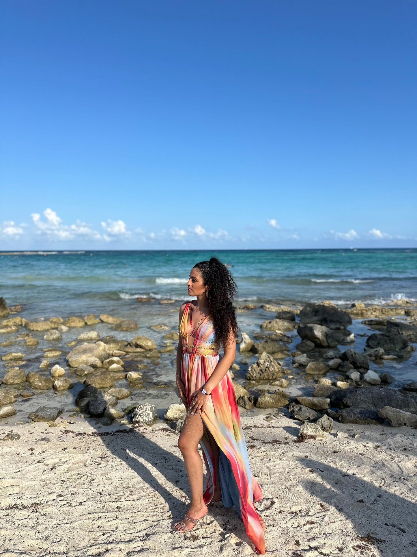 Backless Printed Tie-Up Split Maxi Dress
