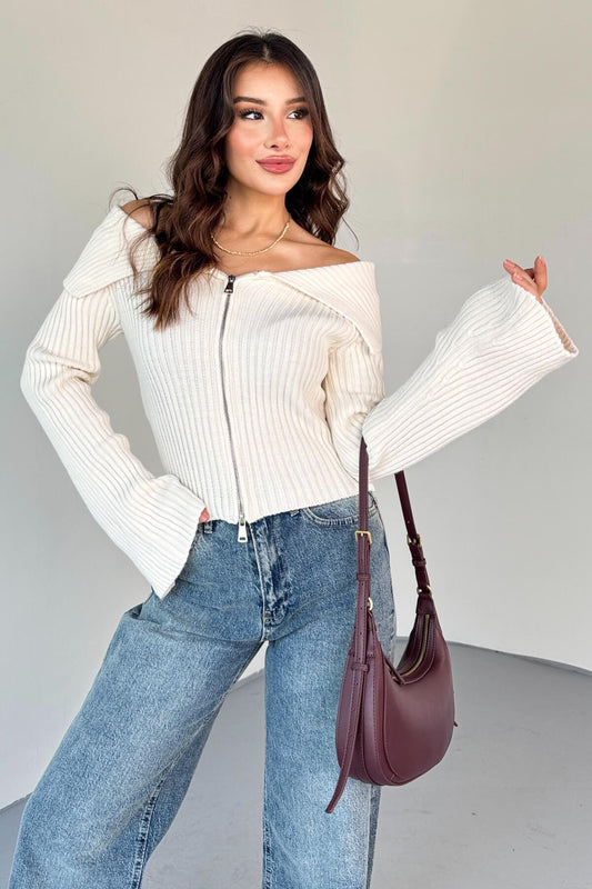 Design-Forward Double-Zip Ribbed Knit Cardigan