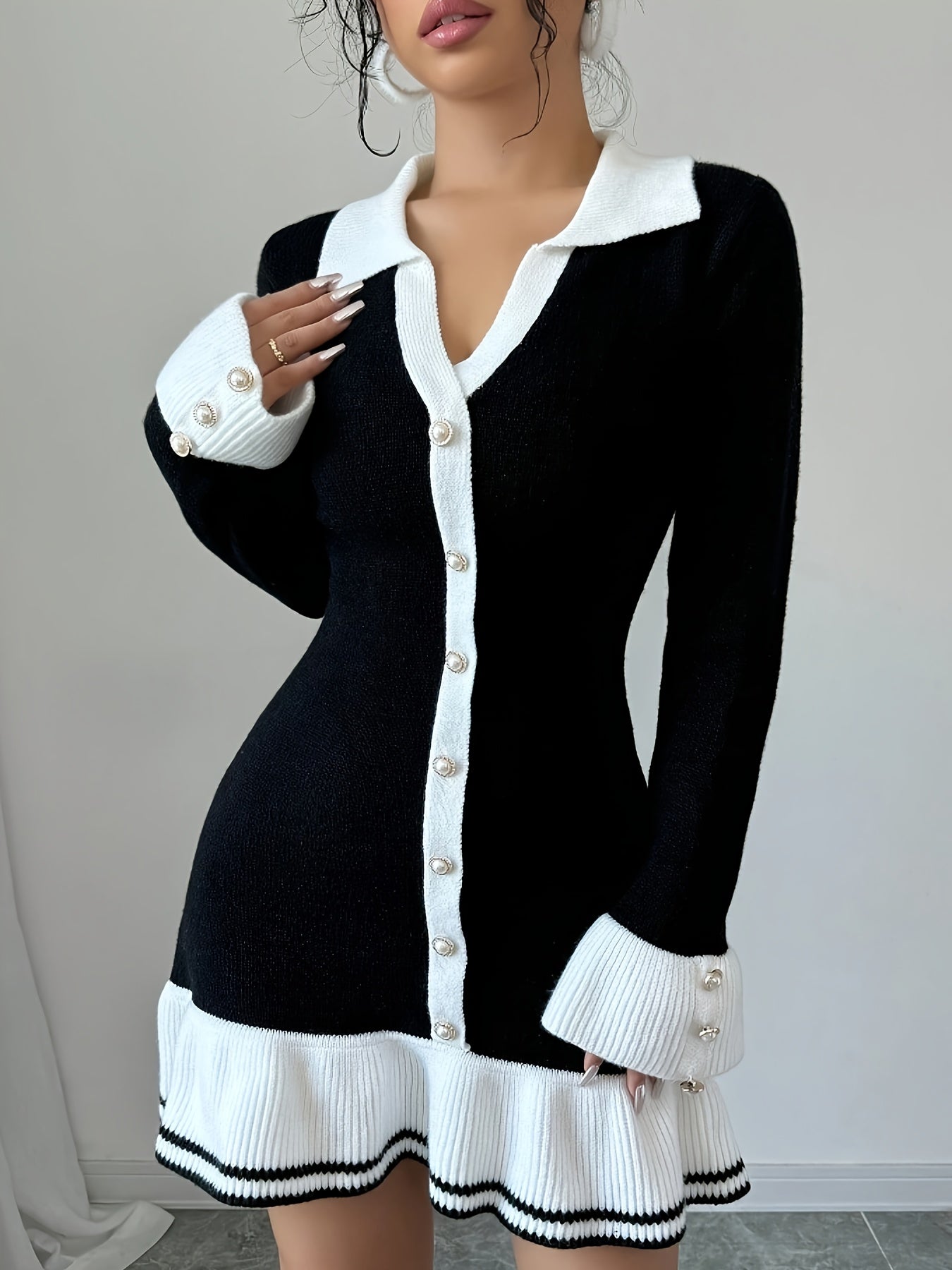 Knit Ruffle Trim Long-Sleeve V-Neck Dress