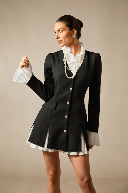 Elegant Lapel Patchwork Long-Sleeve Blazer Dress