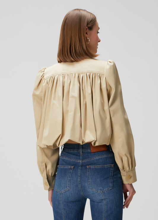 British-Inspired Cropped Trench Coat with Puff Sleeves