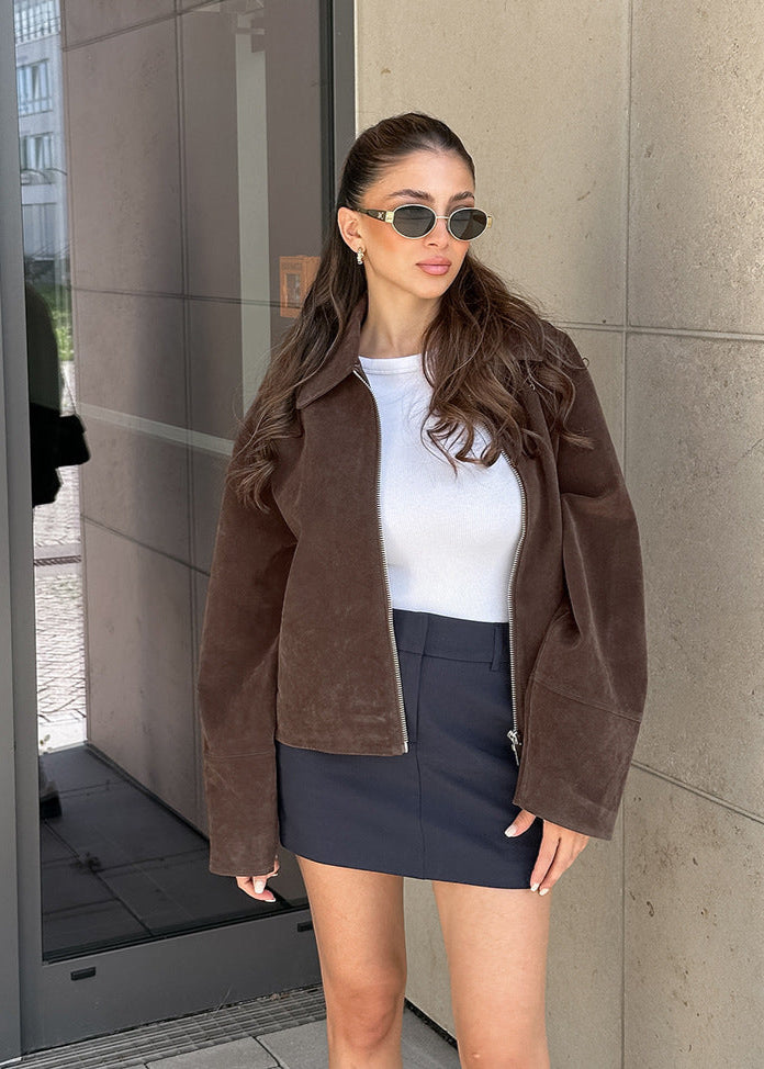 Faux Suede Zip-Up Jacket