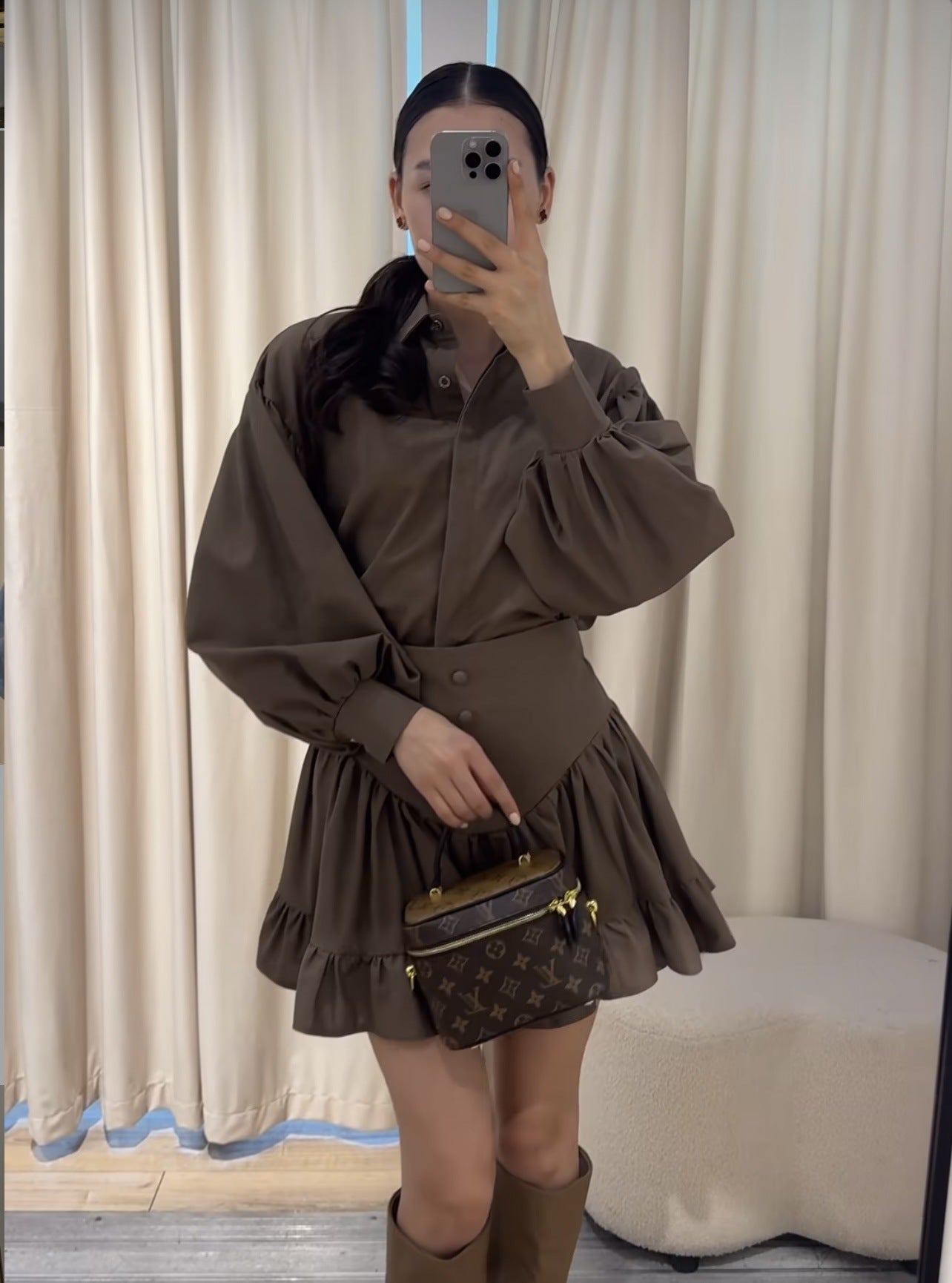 Elegant Ruffle Long Sleeve Shirt + Mini Skirt Set