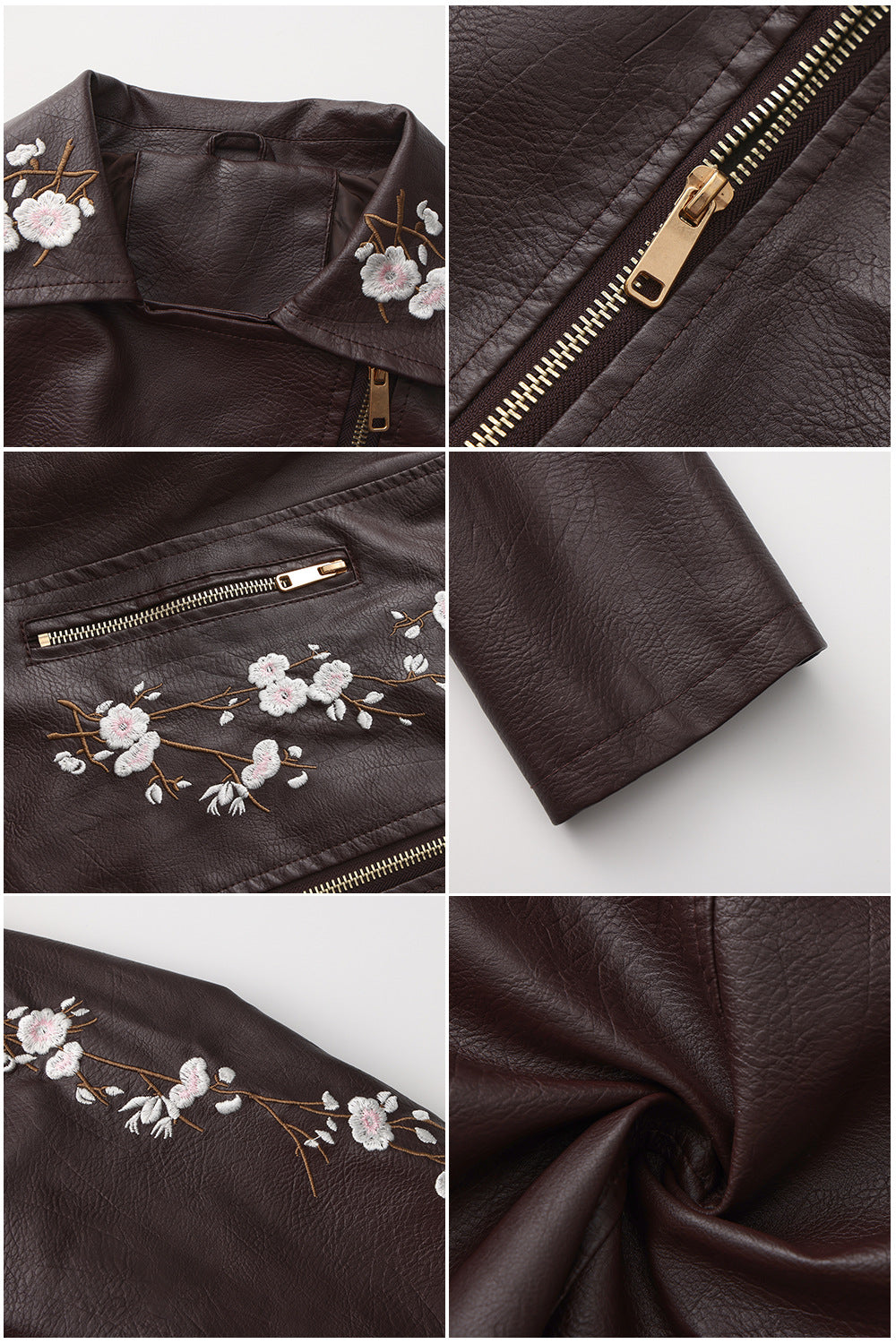 Embroidered Faux Leather Biker Jacket