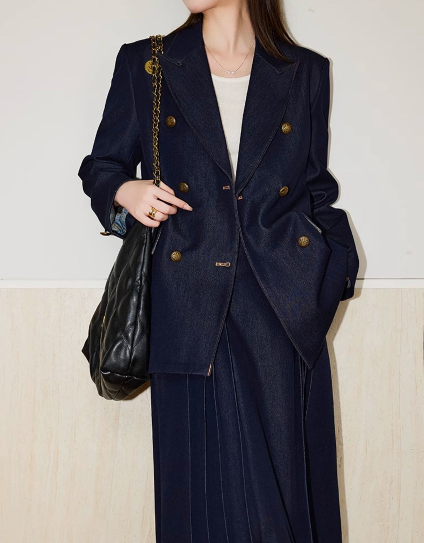 Double-Breasted Blazer + Elegant Flared Maxi Skirt