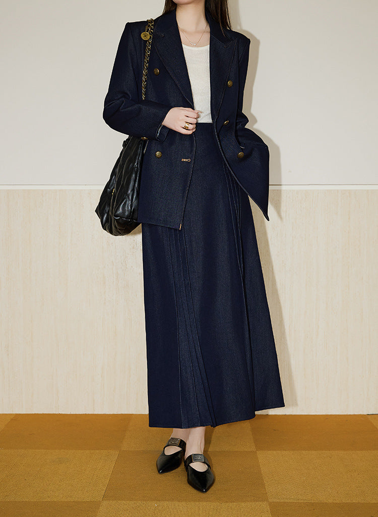 Double-Breasted Blazer + Elegant Flared Maxi Skirt