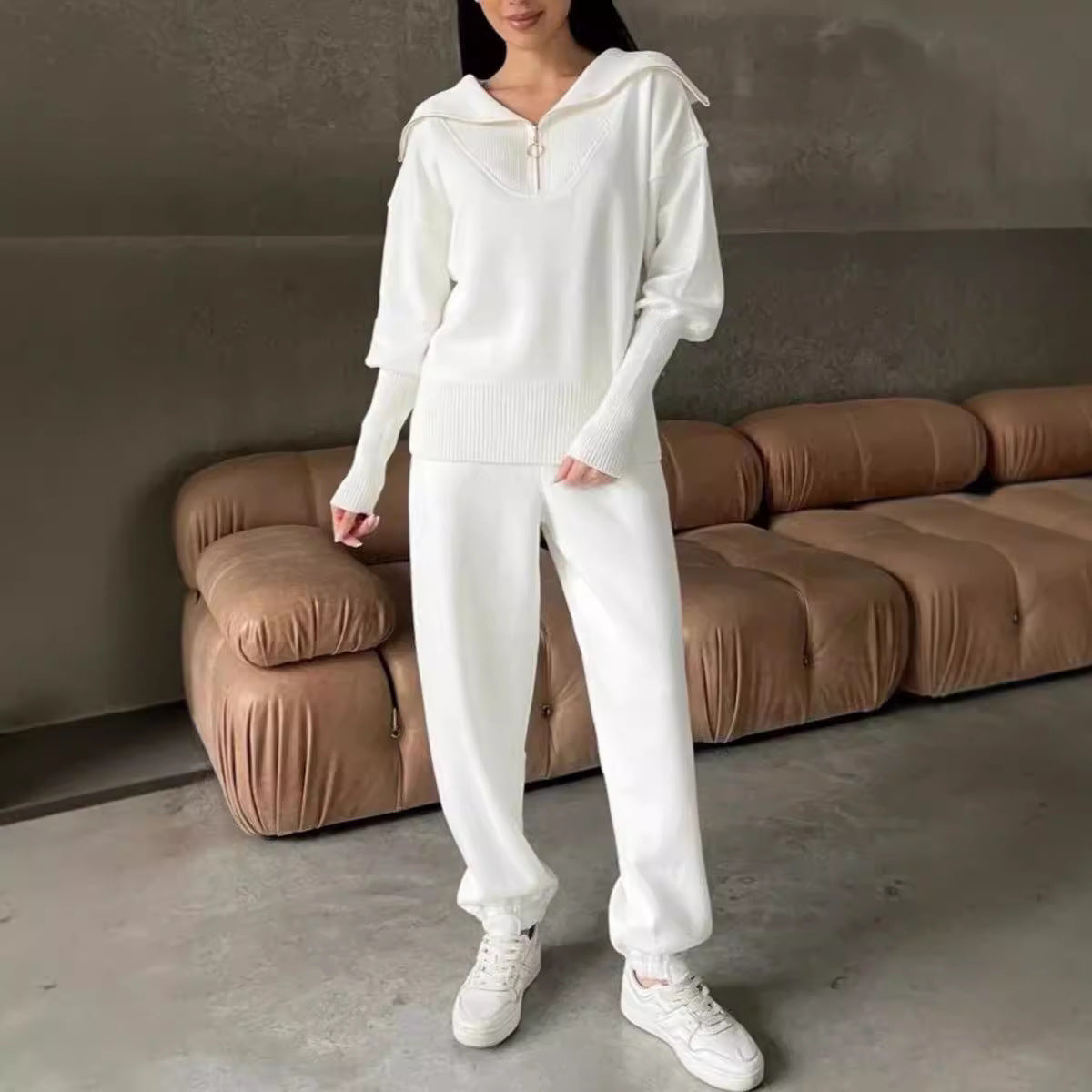 Casual Solid Color Zipper Hoodie Two-Piece Set