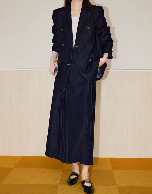 Double-Breasted Blazer + Elegant Flared Maxi Skirt