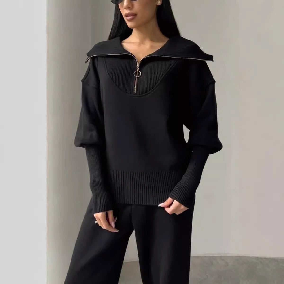 Casual Solid Color Zipper Hoodie Two-Piece Set
