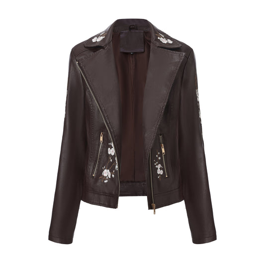 Embroidered Faux Leather Biker Jacket