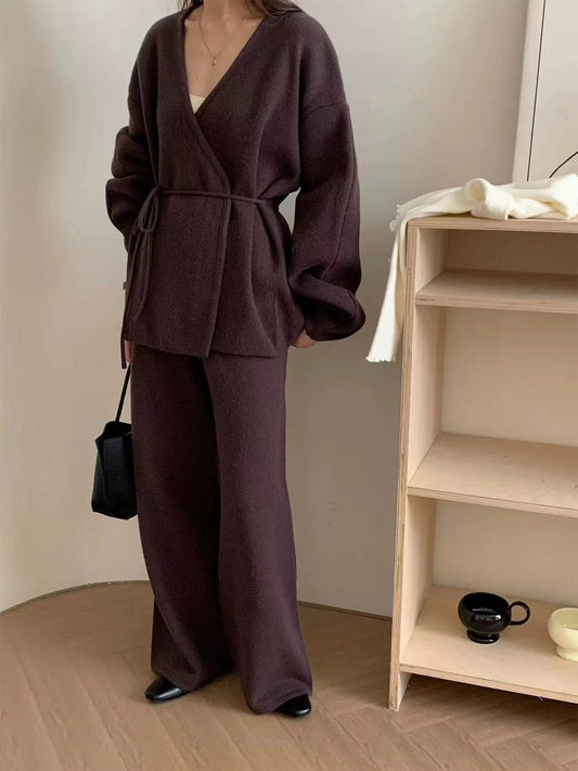 V-Neck Lantern Sleeve Cardigan + Pants Set