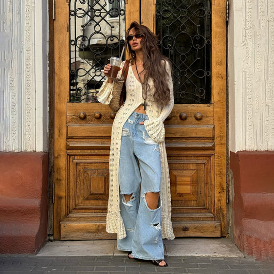 Extra-Long Knit Bell-Sleeve Cardigan