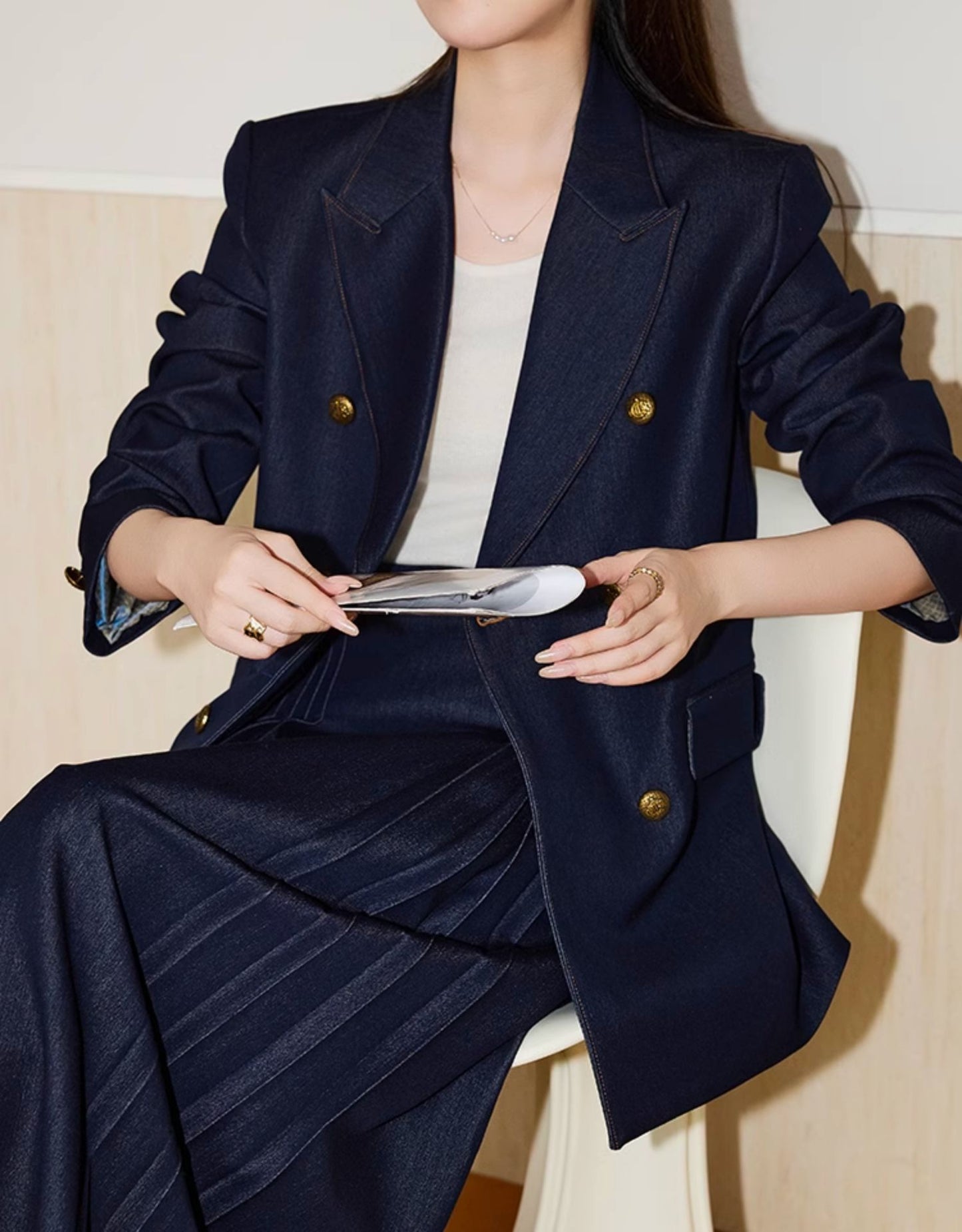 Double-Breasted Blazer + Elegant Flared Maxi Skirt