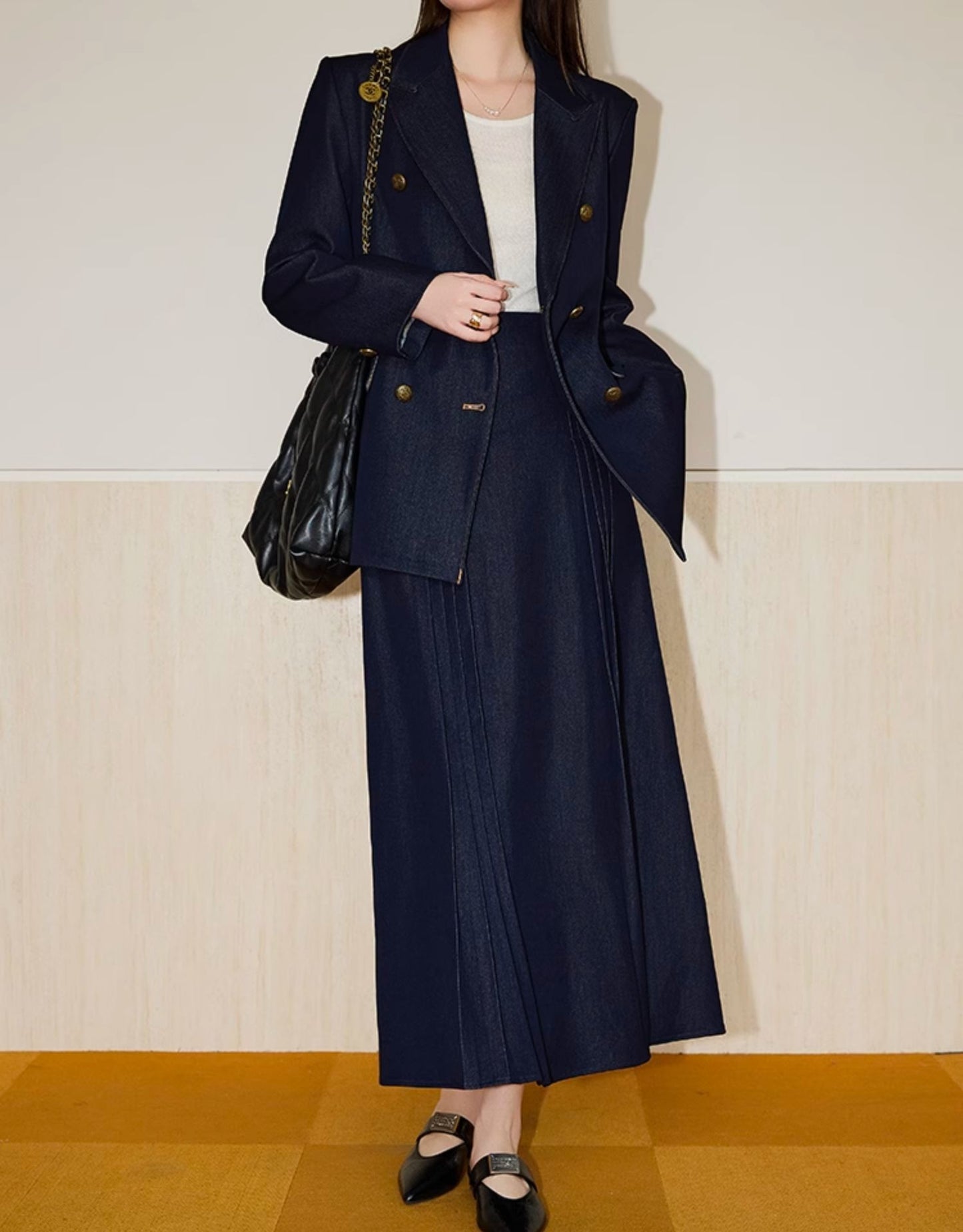 Double-Breasted Blazer + Elegant Flared Maxi Skirt