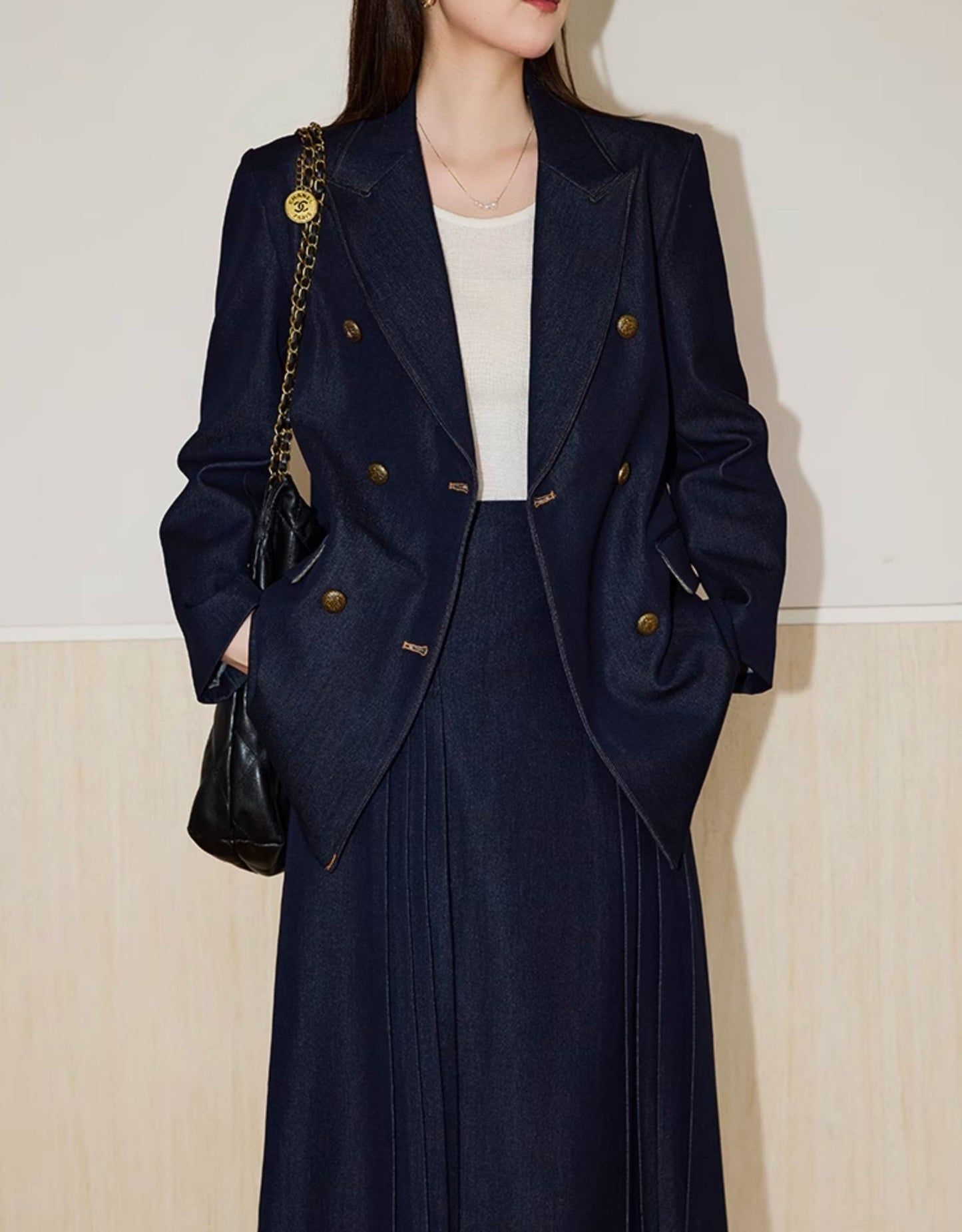 Double-Breasted Blazer + Elegant Flared Maxi Skirt
