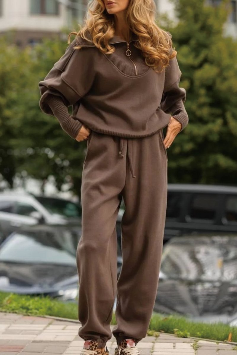 Casual Solid Color Zipper Hoodie Two-Piece Set