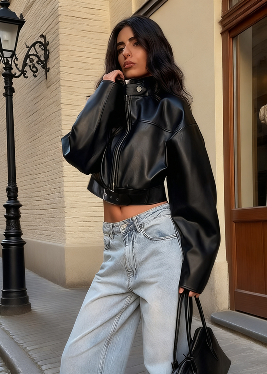 Retro Biker Style Stand Collar Leather Jacket