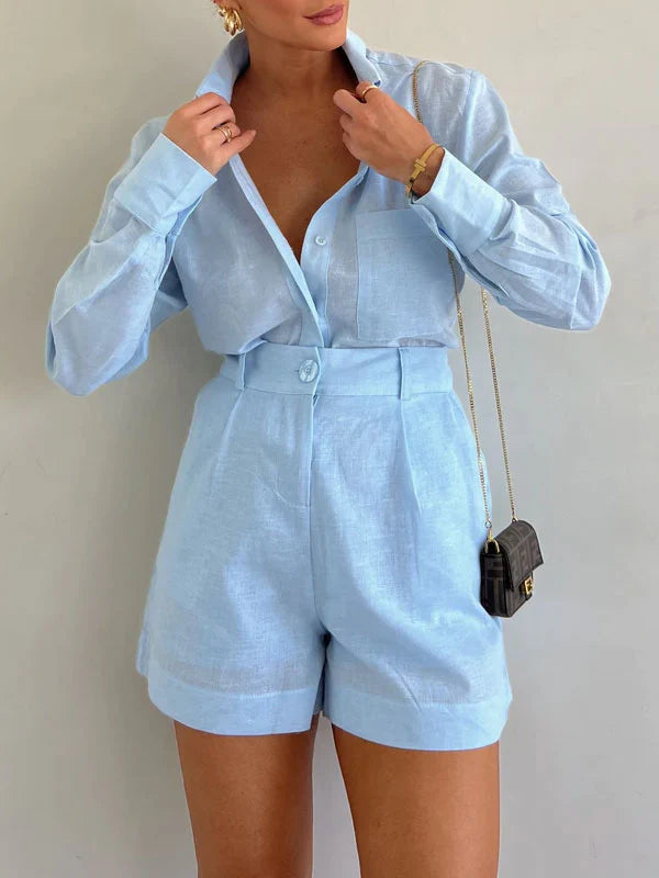 Casual short suit trousers long sleeve shirt set