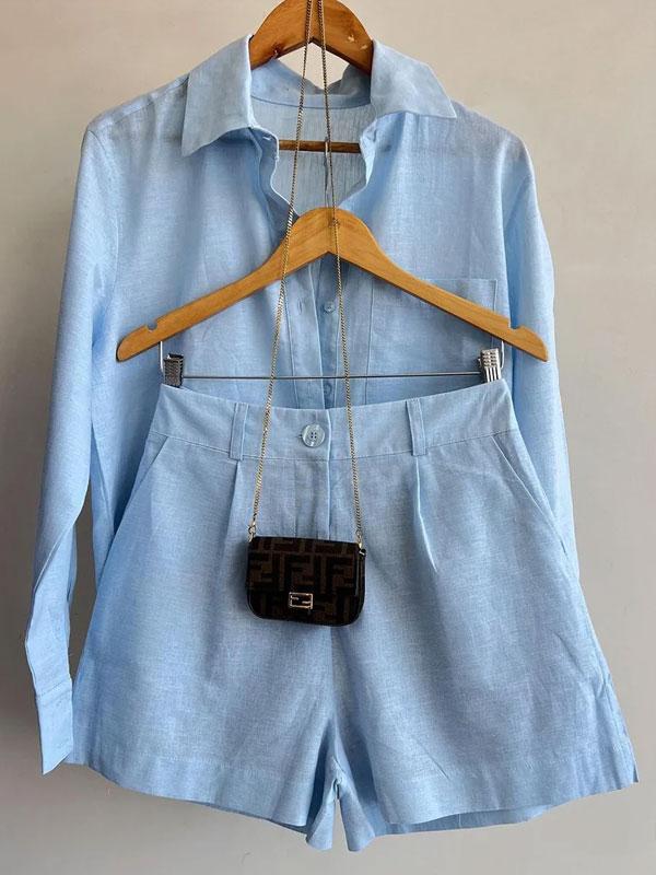 Casual short suit trousers long sleeve shirt set
