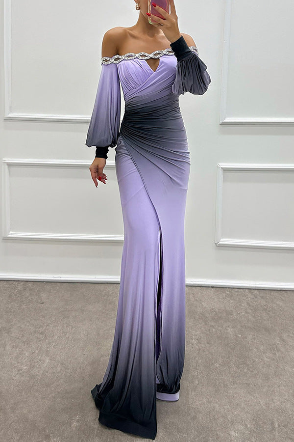 Women’s Off-Shoulder Gradient Print Maxi Dress – Long Sleeve INS Party Dress