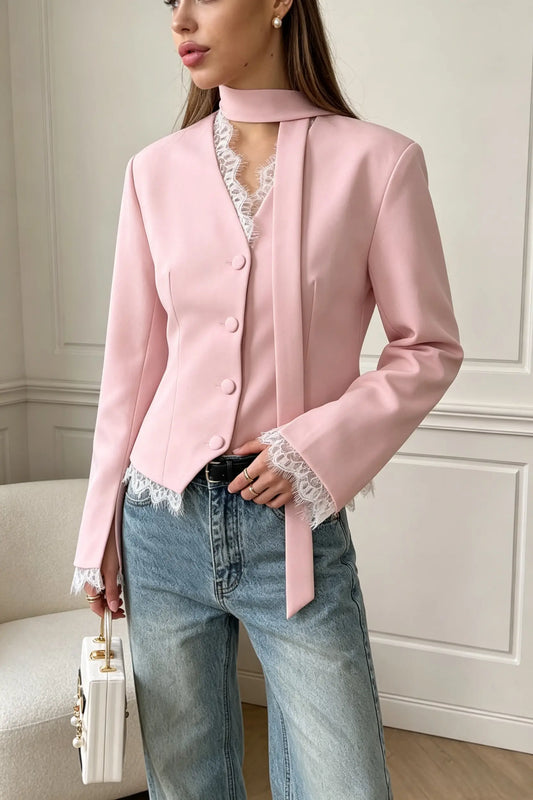 Elegance V-Neck Lace Trim Tailored Blazer with Scarf Accent