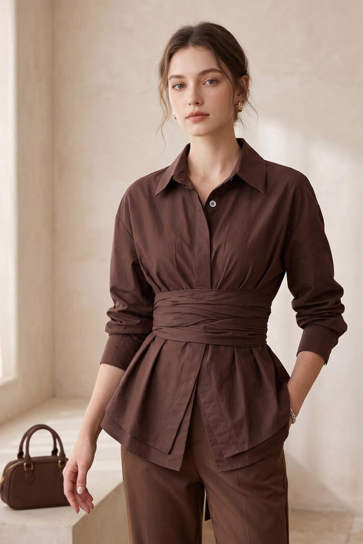 Elegant Wrap Corset Cinch Waist Button-Down Shirt Blouse