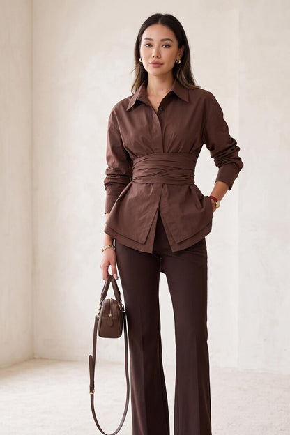 Elegant Wrap Corset Cinch Waist Button-Down Shirt Blouse