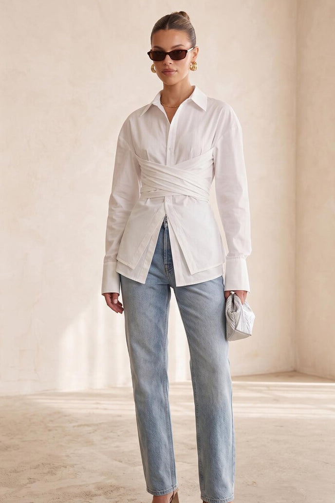 Elegant Wrap Corset Cinch Waist Button-Down Shirt Blouse