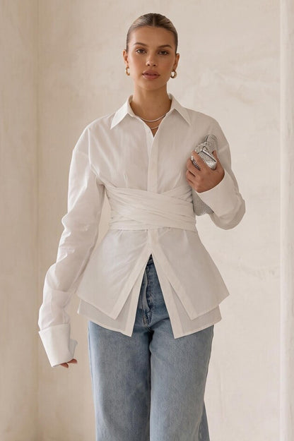 Elegant Wrap Corset Cinch Waist Button-Down Shirt Blouse