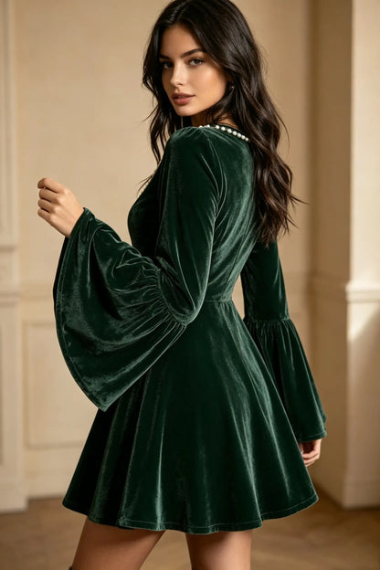 Bohemian Pearl Beaded V-Neck Velvet Flare Sleeve Mini Dress